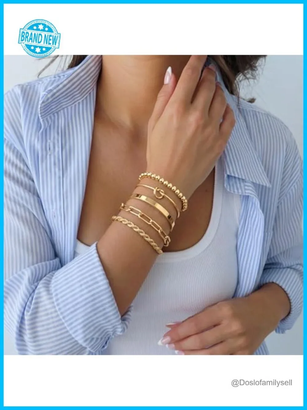 14K Gold Plated Stainless Steel Chunky Cuff & Stackable Bracelet Set for Women